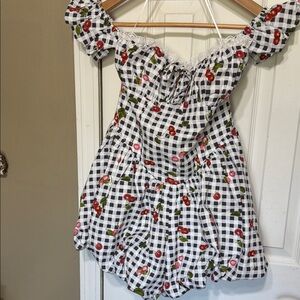 NWT Sweet 🍒 Cherry Bubble Hem Romper Black White Checkered Size Medium Chest 14”